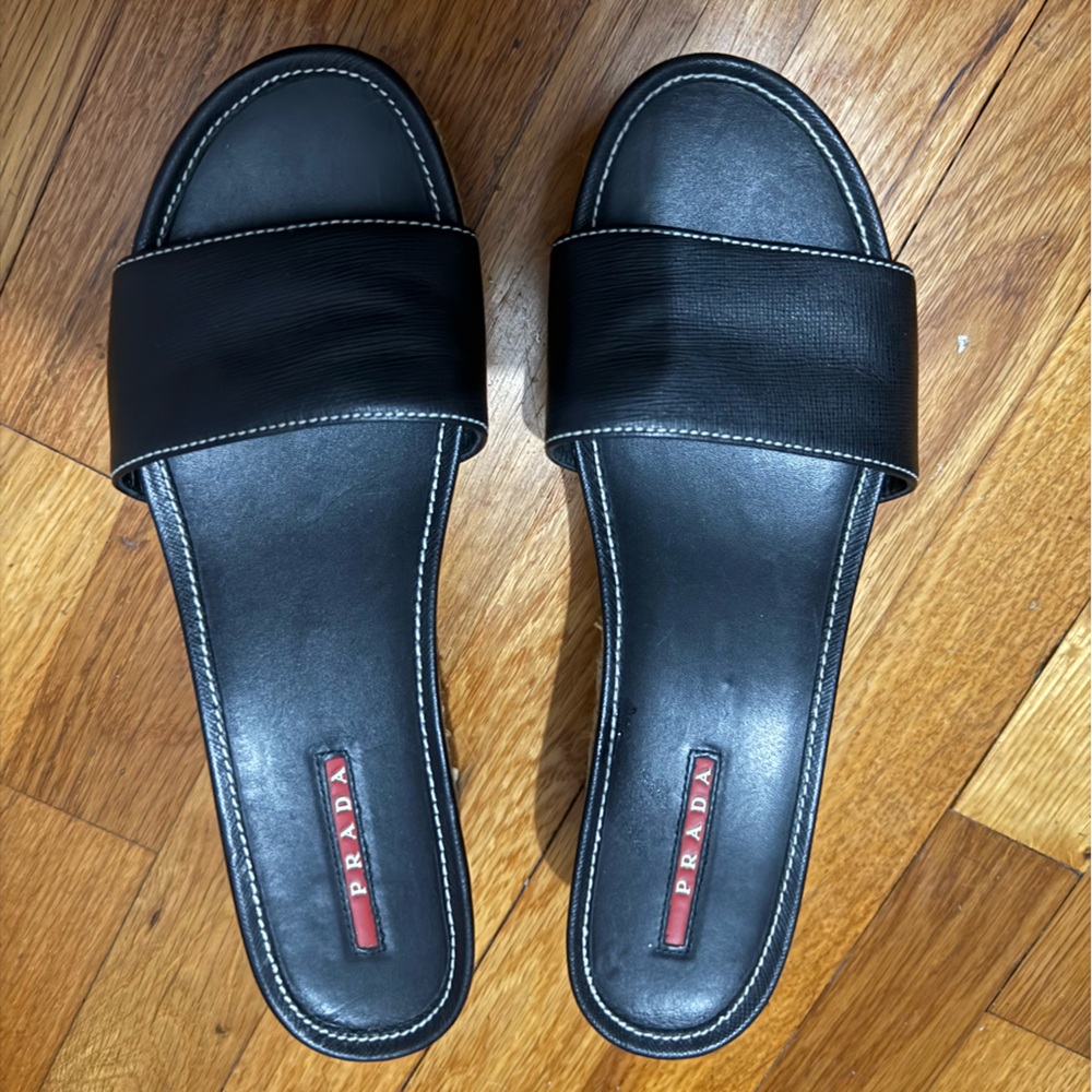 Prada Black Leather Slide Sandals